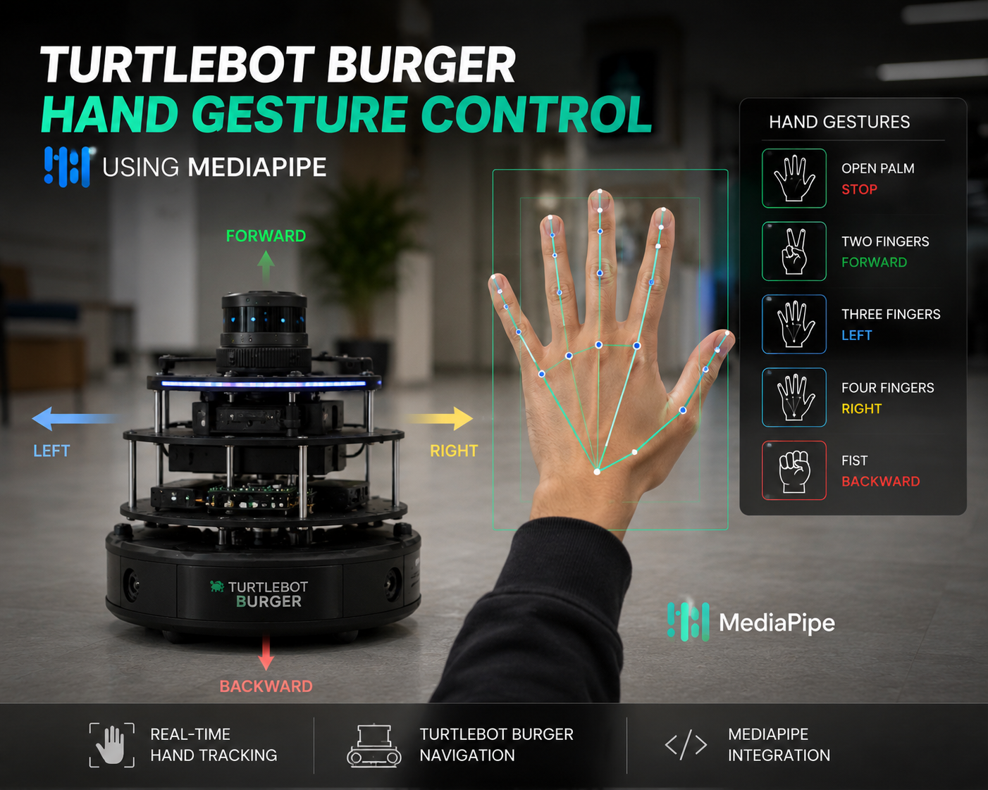 Hand Gesture Control System for TurtleBot (MediaPipe-Based Vision Control)